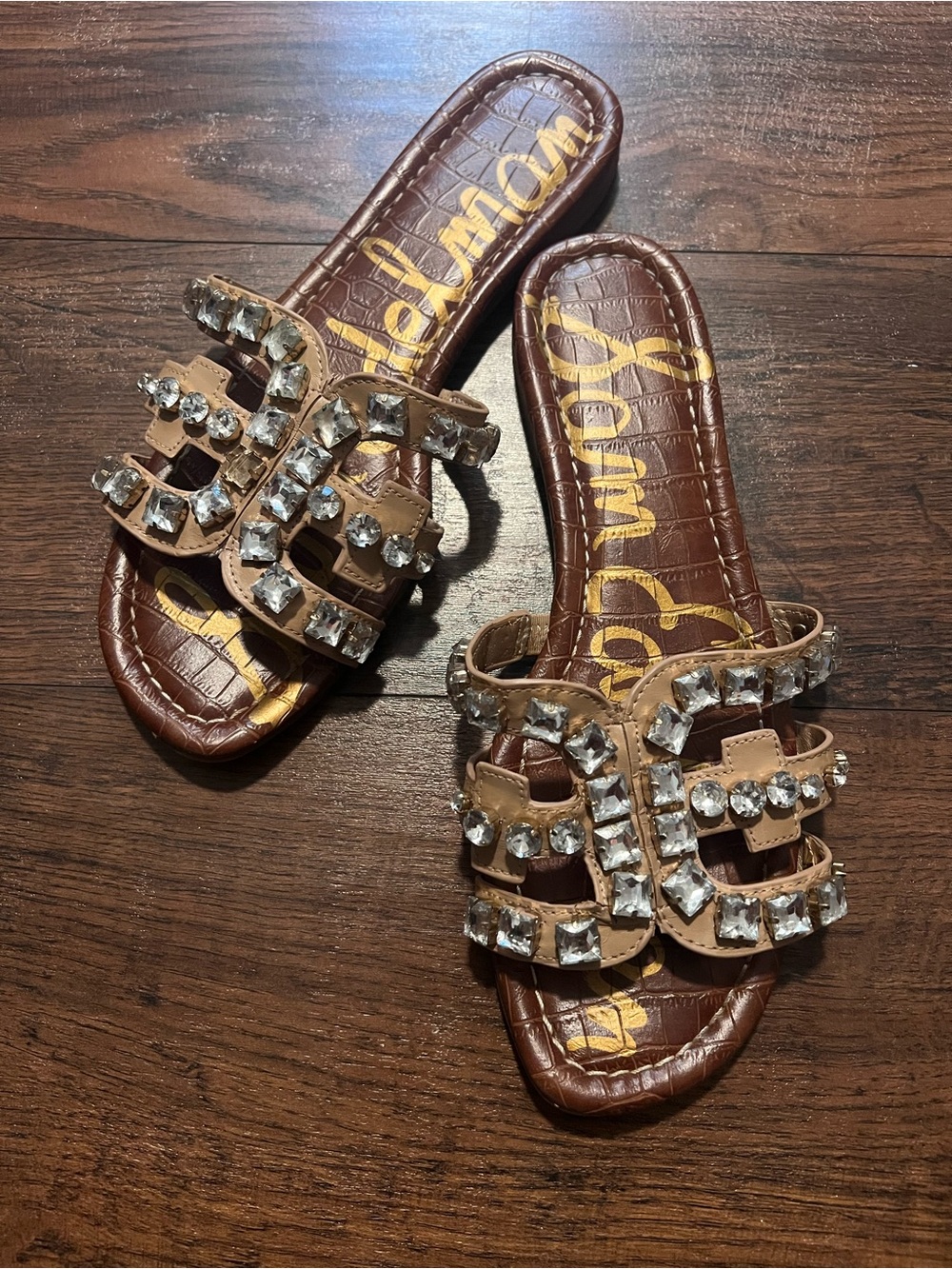 Sam Edelman Brown and Tan Jeweled Slide Sandals